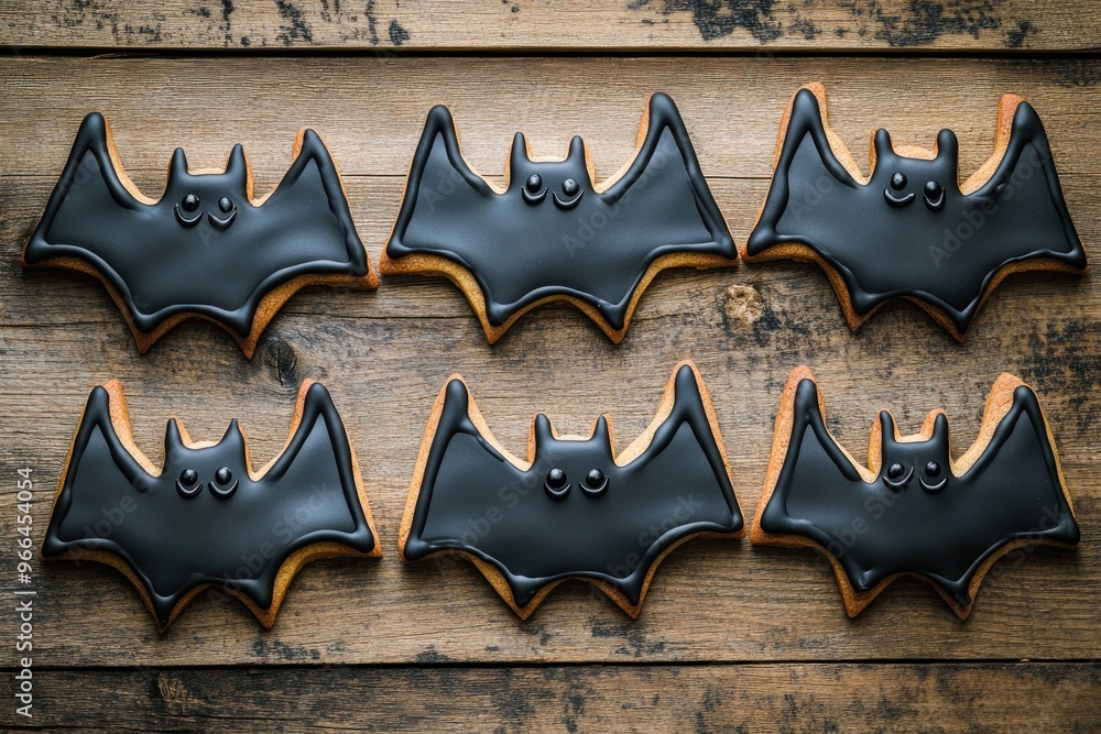 Sticker Six bat-shaped cookies decorated with black icing on a wooden surface.