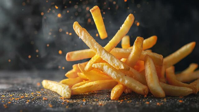 Floating french fries on dark background moves with smoke around