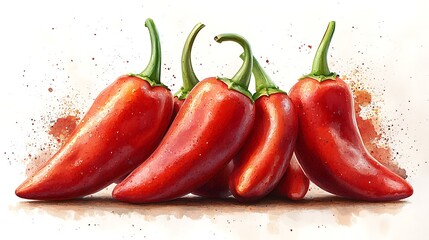 Five red chili peppers with green stems and a watercolor background.