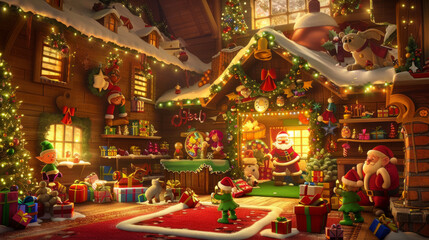 Santa's Workshop: A playful and whimsical background featuring Santa Claus's workshop with toy-making elves, colorful toys, and festive decorations.