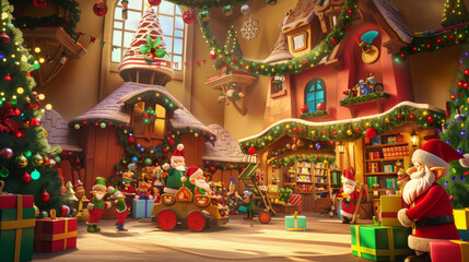 Santa's Workshop: A playful and whimsical background featuring Santa Claus's workshop with toy-making elves, colorful toys, and festive decorations.