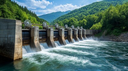 A hydroelectric dam harnessing water flow, surrounded by lush green hills under a bright blue sky.