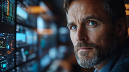 Cybersecurity expert analyzing data in a high-tech control room during evening hours