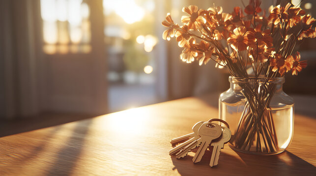 Golden sunset illuminating a vase of flowers and house keys on a wooden table, creating a serene and peaceful home atmosphere - Powered by Adobe