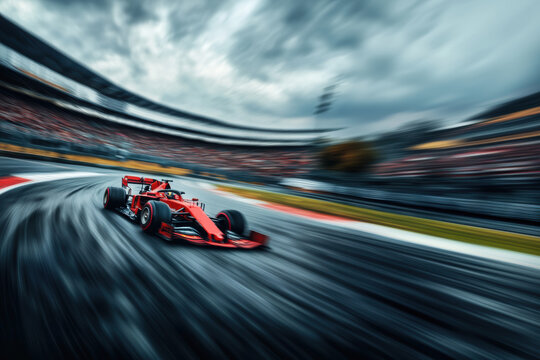 Wide shot dynamic shot of driver racing red formula one car on winding racetrack. Grandstands in background blur of motion.