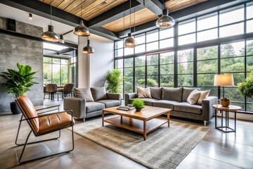 Fototapeta premium Modern minimalist living room with sleek lines, natural light, and industrial-chic accents, showcasing a harmonious fusion of design and build principles.