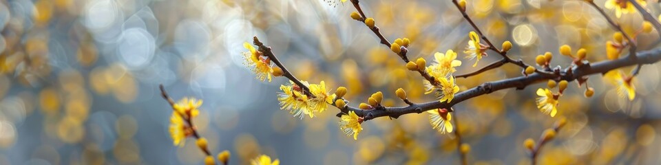 Fototapeta premium Flowering Branches of Witch Hazel with Close-Up of Yellow Blossoms in Early Spring