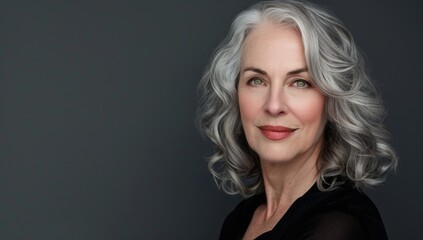 Naklejka premium Older woman with silver grey hair, Mature senior model woman smiling for spa beauty and skincare in studio quiet confidence against a isolated backdrop. Copy space