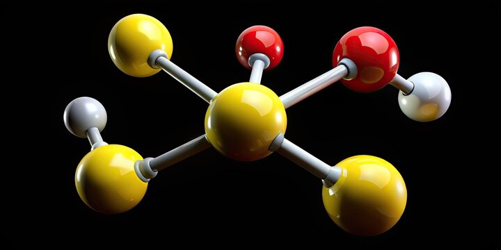 Molecular structure of sulfur trioxide, a colorless toxic gas, depicted as a 3D model with sulfur atom bonded to three oxygen atoms, SO3 formula.