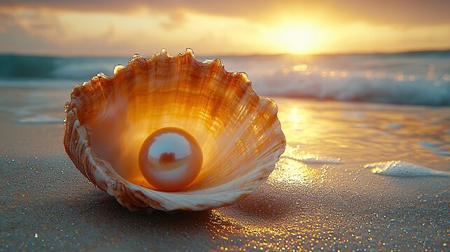 A stunning pearl shell on a sandy beach at dawn