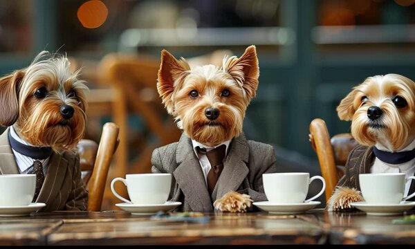 Adorable scene of cute funny dogs dressed in a business suit enjoying coffee and engaging in lighthearted business discussions Video