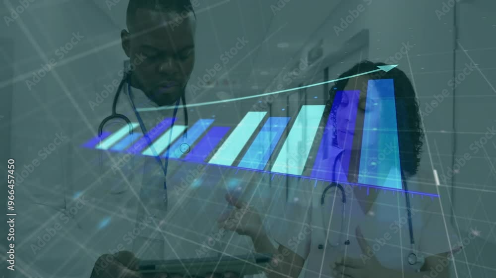 Aufkleber animation of statistics and data processing over diverse doctors