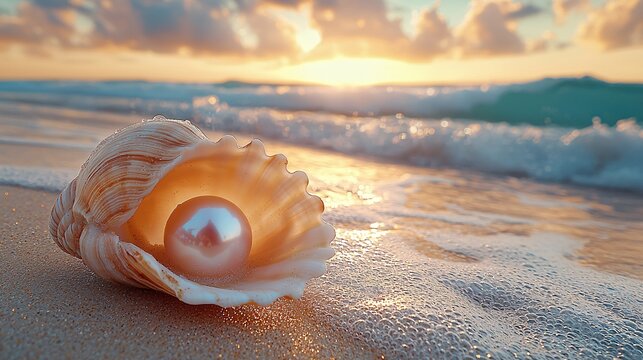 A stunning pearl shell on a sandy beach at dawn