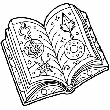 recommend clip art: an open spellbook with intricate runes and magical symbols, coloring book page, vector illustration
