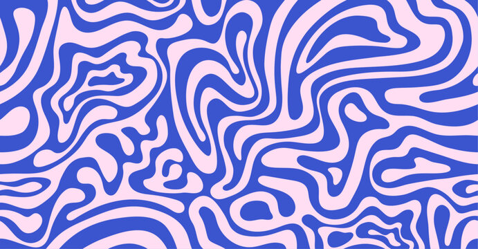 Abstract background pattern with colorful waves. Psychedelic groovy trippy y2k retro seamless pattern in blue and pink colors. Wavy and swirled brush strokes liquid background for packaging design