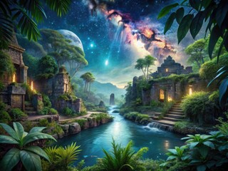 Fototapeta premium Mystical Jungle Scene With Lush Foliage, Ancient Ruins, And A Sparkling River Under A Starry Night Sky
