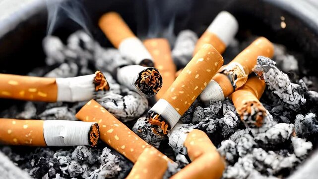 Cigarette butts and ashes collected in a cluttered ashtray after a smoking session 