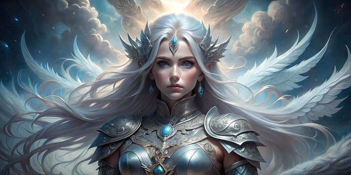 Mystical female figure with flowing silver hair, ornate armor, and glowing blue eyes, standing amidst swirling clouds and misty moonlight, surrounded by ethereal wings.