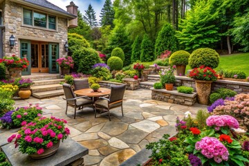 Fototapeta premium Natural stone patio with intricate stonework, surrounded by lush greenery and vibrant flowers, creating a serene and inviting outdoor living space.