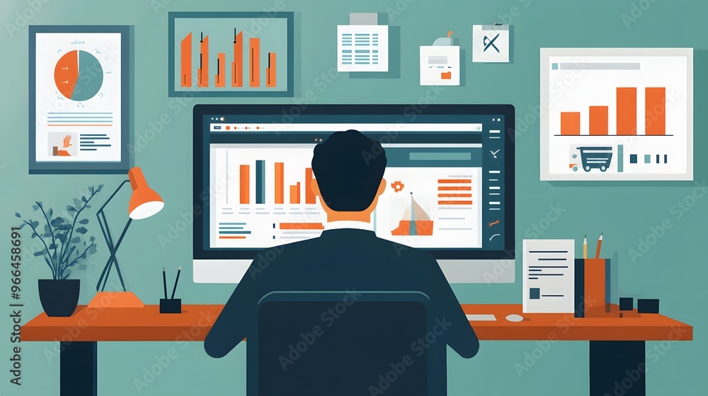 Poster a man analyzing business data on a computer