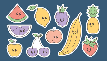 Cute cartoon baby fruits, funny Y2k mascot vector characters with smile. Ripe cherry, lemon