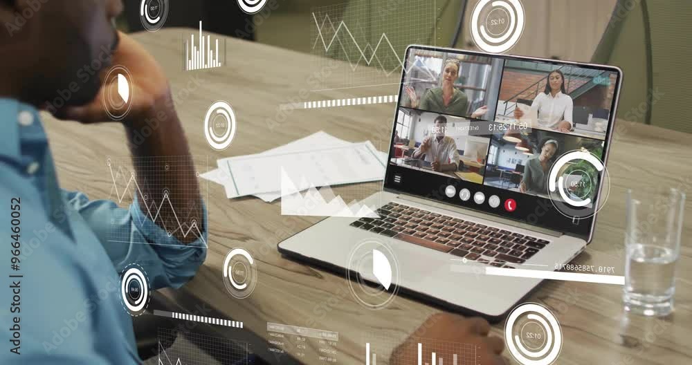 Poster animation of data processing over diverse colleagues having video call in office