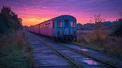 Fototapeta premium Abandoned train at an old railway station at dusk