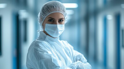 Healthcare professional in protective gear stands confidently in a hallway