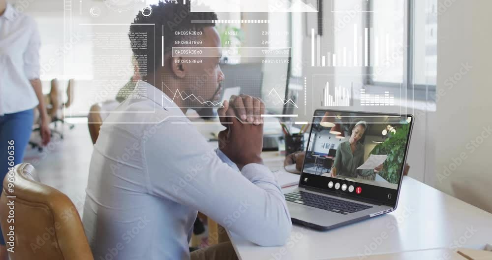Poster animation of data processing over diverse colleagues having video call in office