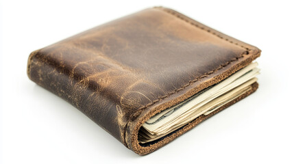 "High-angle view of cash inside a leather wallet, set against a white background."