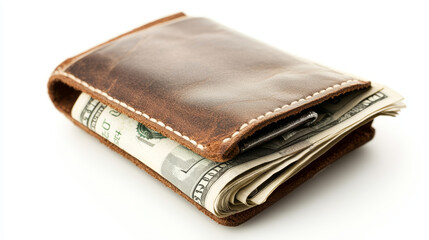 "High-angle view of cash inside a leather wallet, set against a white background."