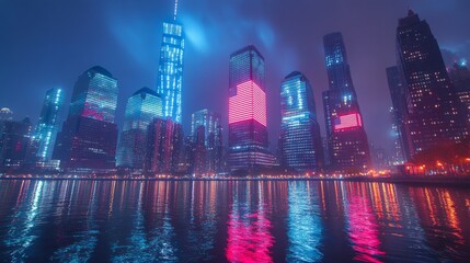 A tranquil city skyline illuminated by vibrant lights during a foggy night over the water