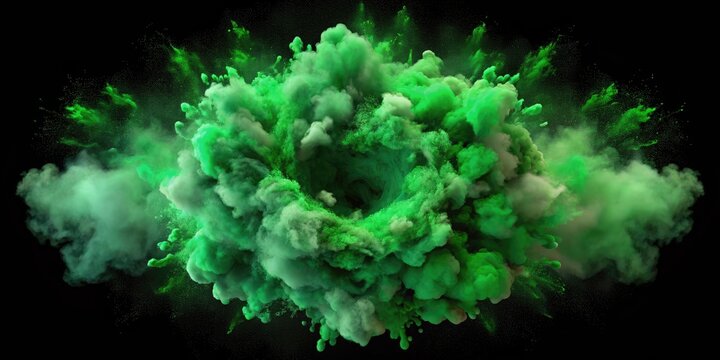Powerful blast erupts in a swirling vortex of green smoke and debris, isolated on a transparent background, perfect for compositing or visual effects.