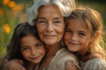 Fototapeta premium heartwarming multigenerational embrace with grandmother hugging two beaming grandchildren in sundappled garden