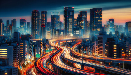 Naklejka premium A bustling cityscape at dusk, with bright lights, towering skyscrapers, and a winding, busy highway.