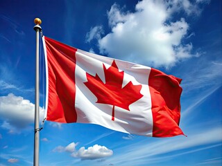Red And White Canadian Flag With Maple Leaf Waving Against A Blue Sky Background