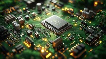 hightech circuit board intricate network of silver pathways multicolored components and futuristic microprocessors on a vibrant green substrate symbolizing advanced technology