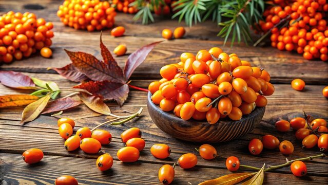 Ripe argousier fruit, also known as sea buckthorn, rests on a weathered wooden table amidst vibrant orange berries, surrounded by rustic autumnal foliage.