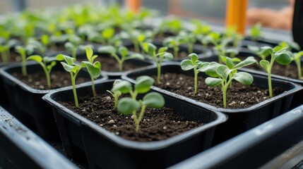 Green Seedlings in Black Trays