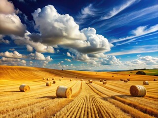 Rolling hills of golden hay fields stretch towards the horizon, swaying gently in the breeze beneath a bright blue sky with scattered puffy white clouds.