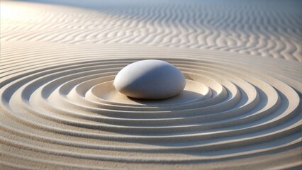 Naklejka premium Stone in zen garden sand with concentric circles and tranquil atmosphere with copy space