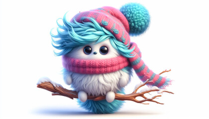 Cute snow little monster illustration in snowy landscape with scarf and wool hat. Christmas Celebration Time