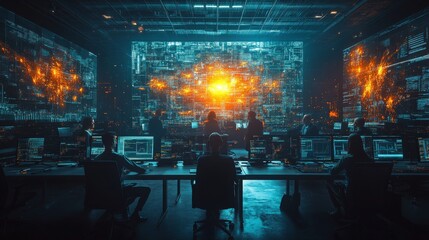 Cybersecurity team collaborates in a high-tech command center during a digital threat assessment