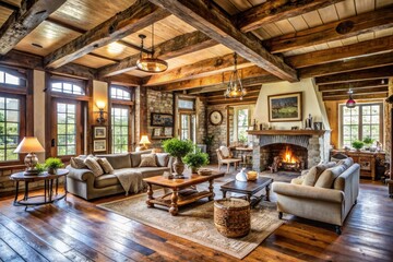 Naklejka premium Rustic farmhouse interior with vintage decor, exposed beams, and worn wood floors, awaiting renovation by a skilled interior designer to reveal its hidden charm.