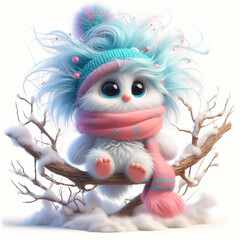 Obraz premium Cute snow little monster illustration in snowy landscape with scarf and wool hat. Christmas Celebration Time