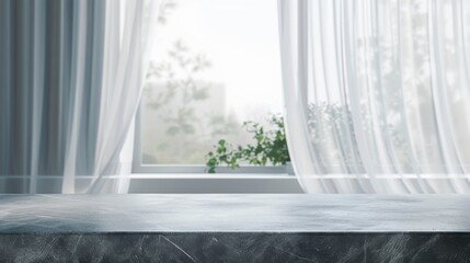 Concrete kitchen countertop on window background with curtains for product presentation. Empty tabletop mockup for food advertisement design. Clean podium in home interior.