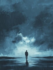 Obraz premium A hand-drawn illustration depicts a lonely figure under a rainy sky in shades of blue and gray. A lonely figure that evokes feelings of introspection.