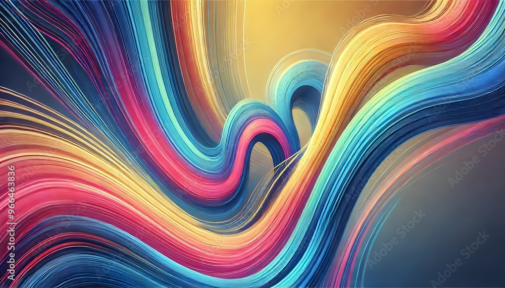 Poster dynamic abstract compositions featuring flowing, colorful wave patterns in smooth, curved forms, ble