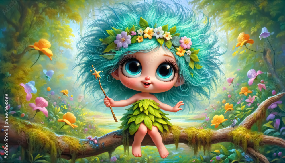 Wall mural Happy colored fairy sitting on a tree trunk, with magic wand