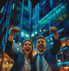 Obraz premium A man and a woman standing in front of a building at night